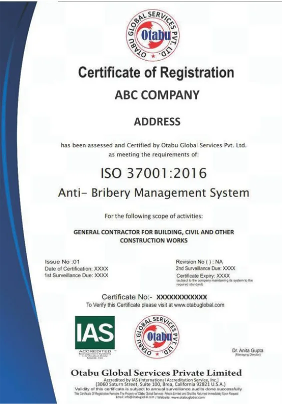 contoh sertifikat iso 37001 otabu